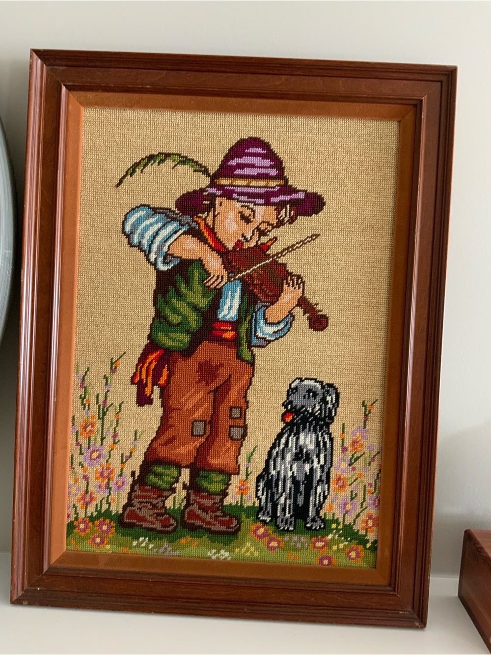 TaylorMade Needlepoint Boy with Violin and Dog Vintage Frame 23x17
